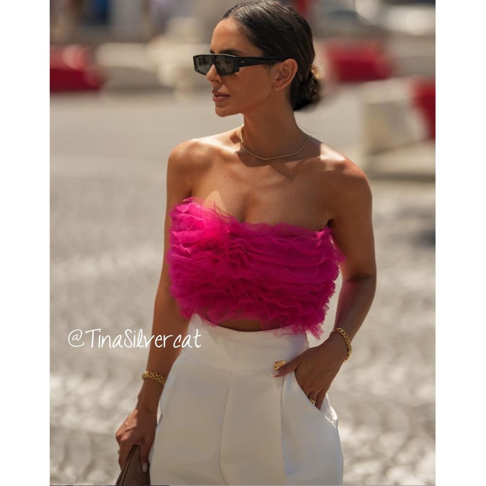 BLOGGER'S FAVE! Zara Knit Strapless Tulle Top Fuchsia